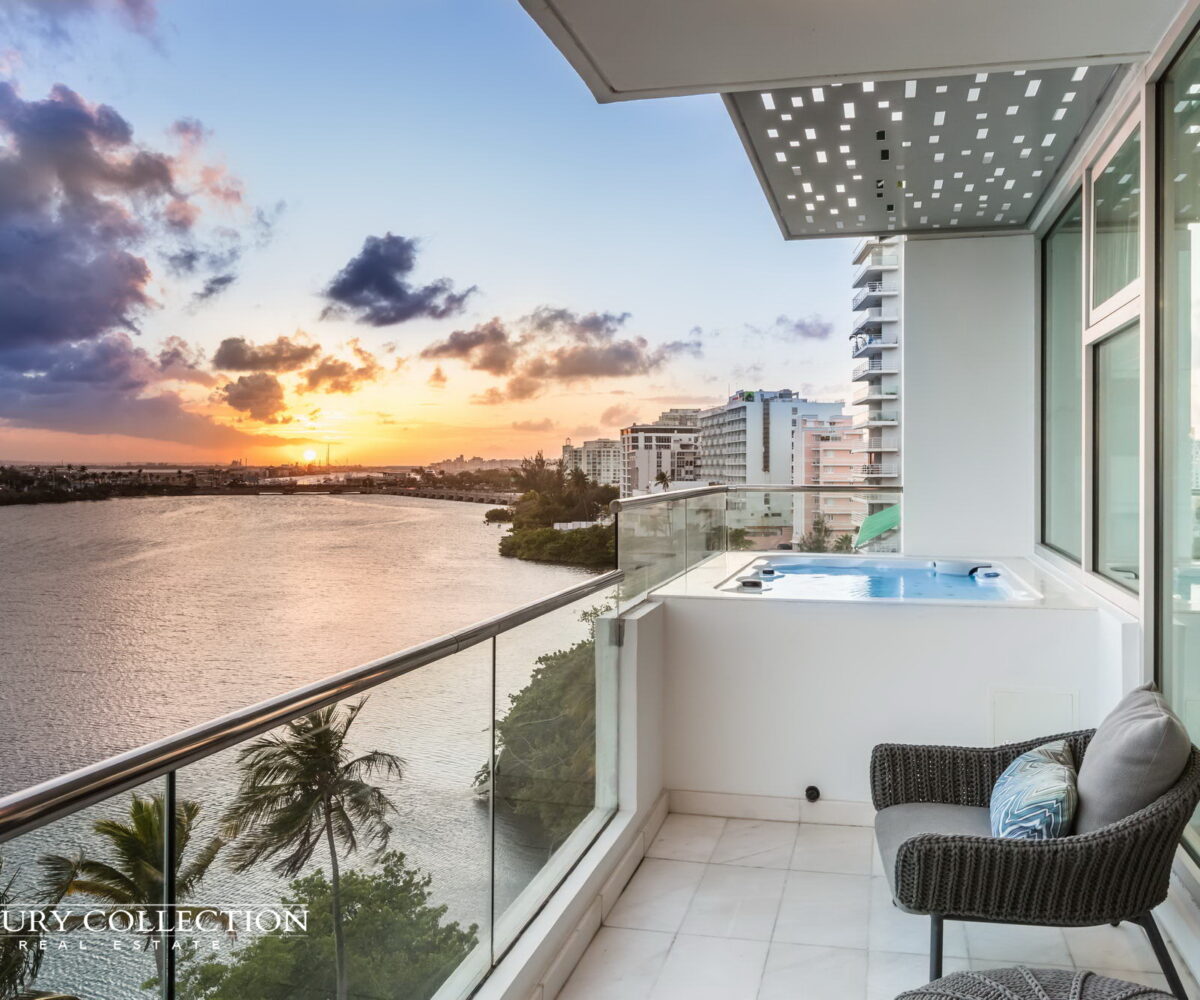 Peninsula waterfront apartment for rent luxury collection real estate Puerto Rico Waterfront Condo for rent with 4 bedrooms, 5.1 bathrooms and maid room and terrace with water views to the Condado Lagoon and Atlantic Ocean.