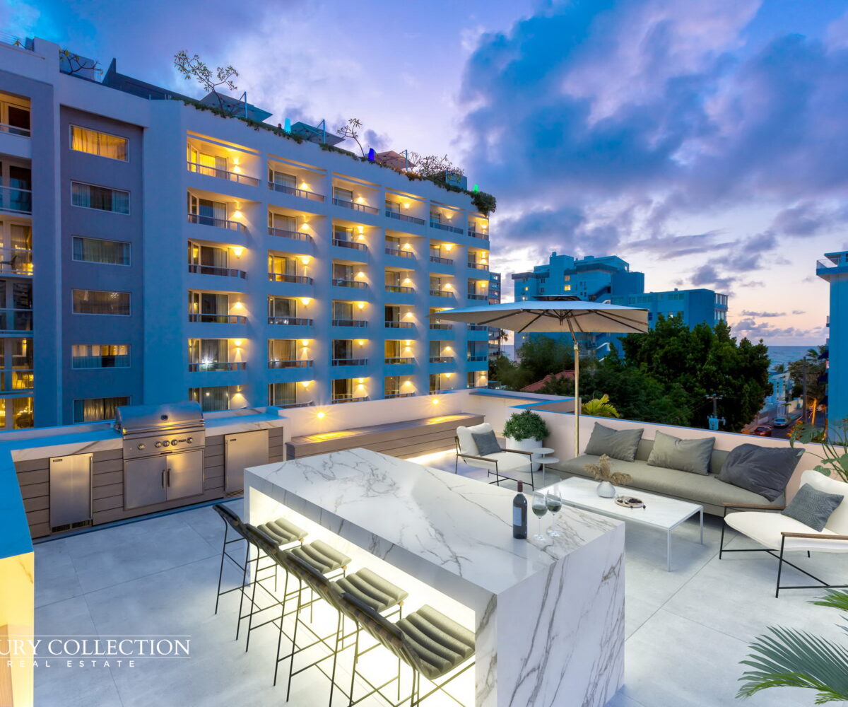 Ocean View Terrace Apartment in Condado Puerto Rico for sale with beautiful ocean view in the boutique condominium, The Grand Atrium. Luxury Collection Real Estate