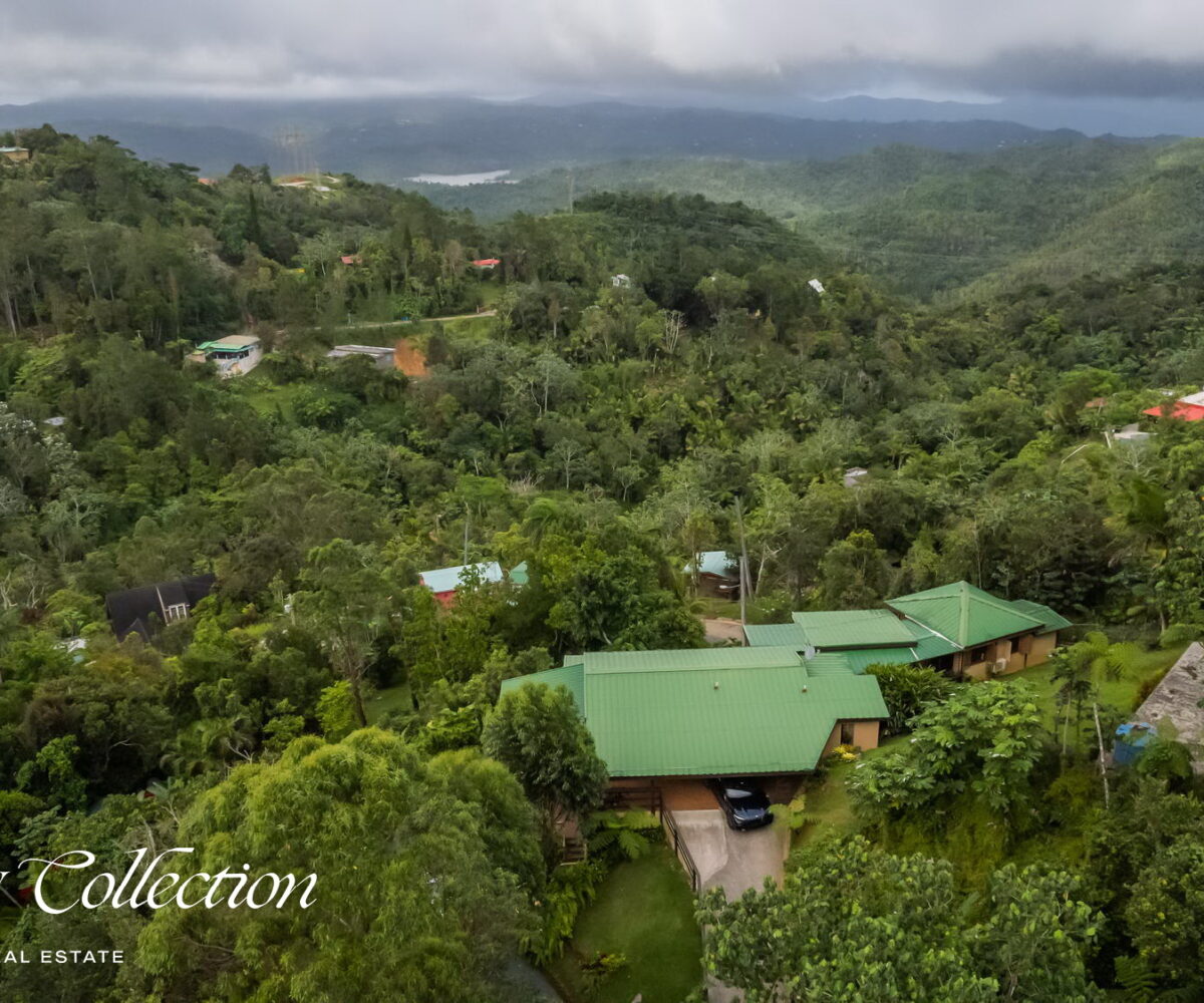 1.5 acres two-story country house in the mountains of Cayey Puerto Rico for sale with 3 bedrooms and 3.5 bathrooms. Lake and mountain views. Luxury Collection Real Estate