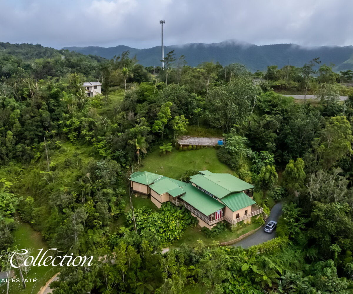 1.5 acres two-story country house in the mountains of Cayey Puerto Rico for sale with 3 bedrooms and 3.5 bathrooms. Lake and mountain views. Luxury Collection Real Estate